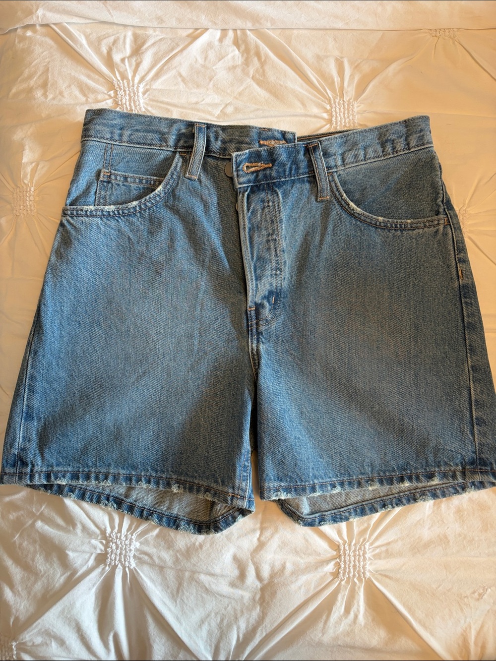 OAK + FORT Cross-Over (Asymmetric Waist) Mid-Rise Denim Shorts